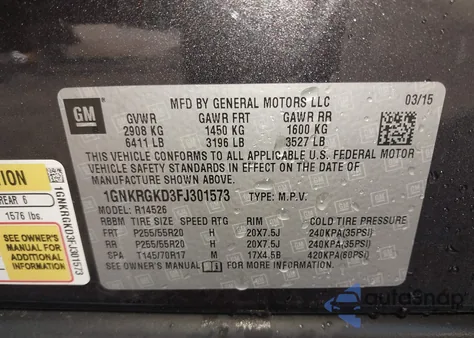 2015 Chevrolet Traverse 1Lt из США, поврежденный, VIN 1GNKRGKD3FJ301573